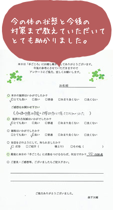 今の身体の状態と今後の対策まで教えていただいてとても助かりました
。